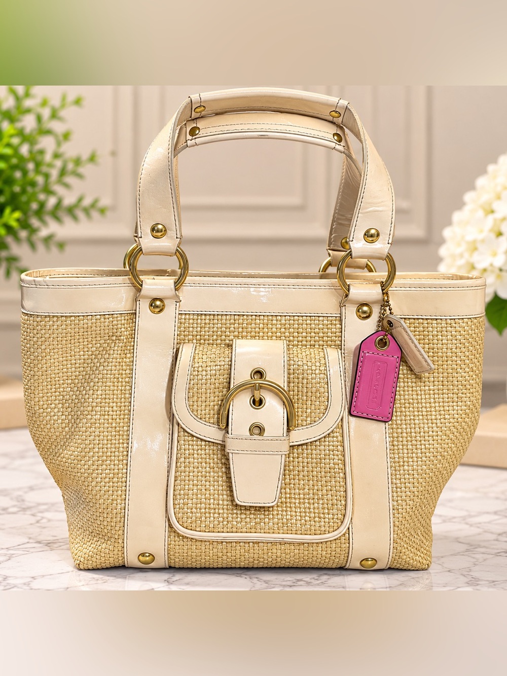 Coach Cream Legacy 65th Anniversary woven raffia bag pink cream Tags